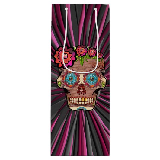 Gesneden-hout-look suikerschedel w / Floral Crown Wijn Cadeautas (Voorkant)