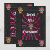 Gesneden-hout-look suikerschedel w / Floral Crowns Kaart (Voorkant / Achterkant)