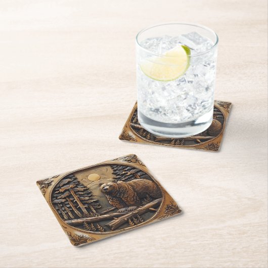 Gesneden houten Beer Full Moon Pine Tree Forest Kartonnen Onderzetters (Insitu)