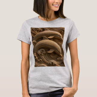 Gesneden Houten Dolfijnen Oceaan Golven Grafisch T-shirt
