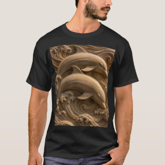 Gesneden Houten Dolfijnen Oceaan Golven Grafisch T-shirt
