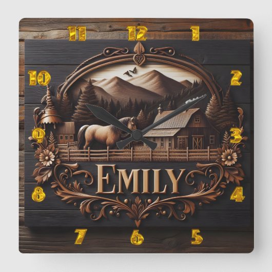 Gesneden houten teken van Emily op Country Boerder Vierkante Klok (Voorkant)