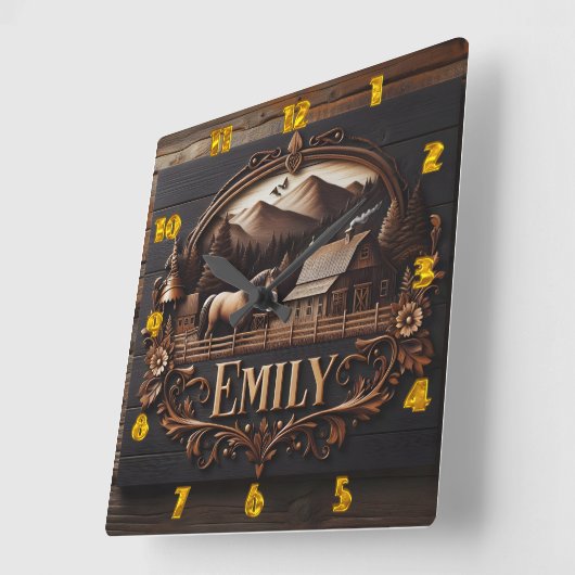 Gesneden houten teken van Emily op Country Boerder Vierkante Klok (Hoek)