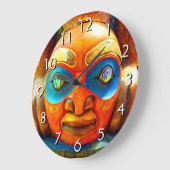 Gesneden houten totem gezicht foto vet grafische k grote klok (Hoek)