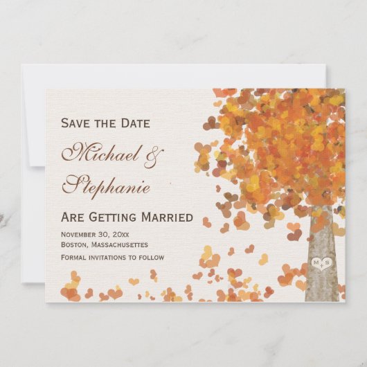 Gesneden Initiaal Boom Herfst Sla de Datum Op Trou Save The Date (Voorkant)