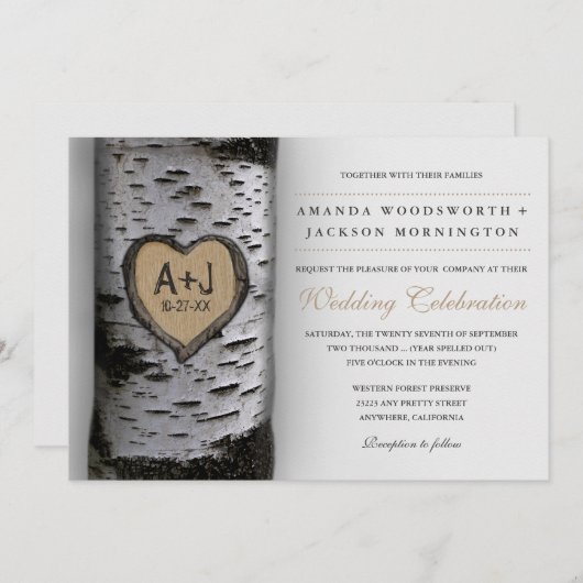 Gesneden Initialen Berkenboom Huwelijksuitnodiging Kaart (Voorkant / Achterkant)