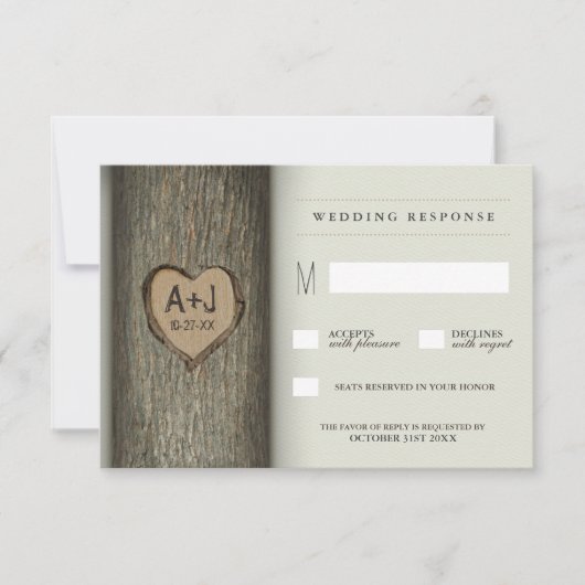 Gesneden Initialen Hart Oak Tree Wedding RSVP Kaar (Voorkant)