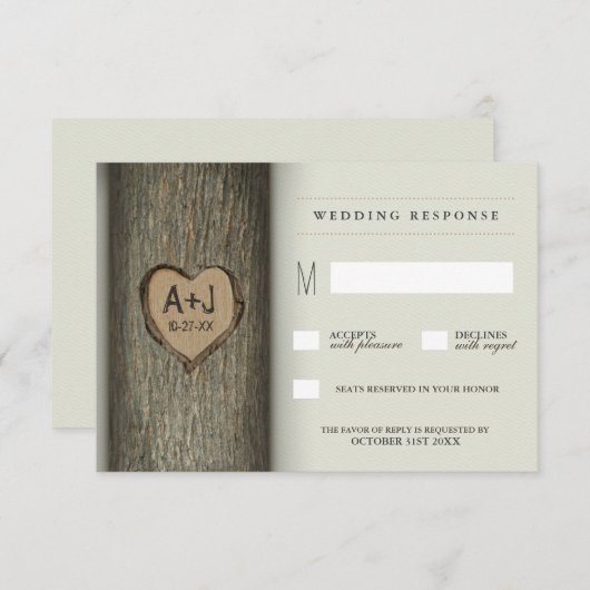 Gesneden Initialen Hart Oak Tree Wedding RSVP Kaar (Voorkant / Achterkant)
