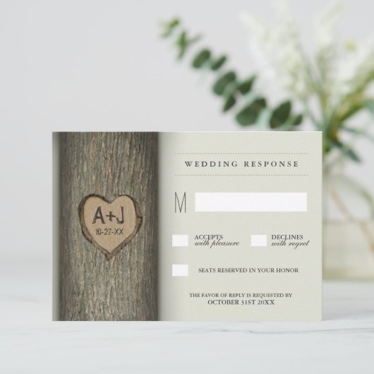 Gesneden Initialen Hart Oak Tree Wedding RSVP Kaar Kaartje (Staand voorkant)
