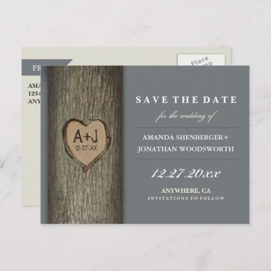 Gesneden Initialen Heart Oak Tree Save The Date Ca Aankondigingskaart (Voorkant / Achterkant)