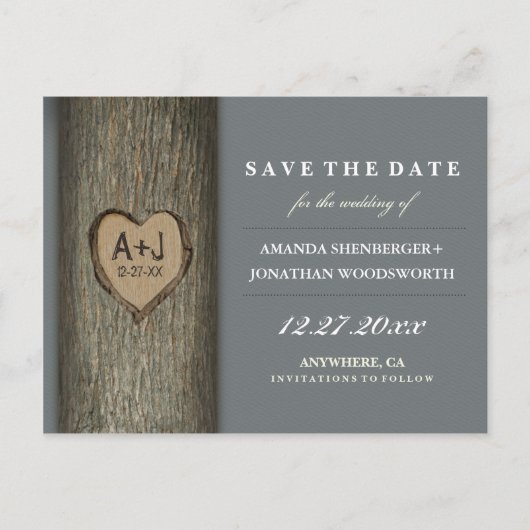 Gesneden Initialen Heart Oak Tree Save The Date Ca Aankondigingskaart (Voorkant)