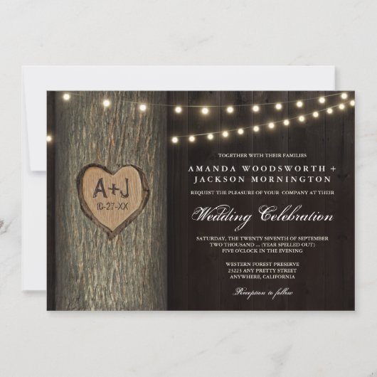 Gesneden Initialen Oude eikenboom Huwelijksuitnodi Kaart (Voorkant)