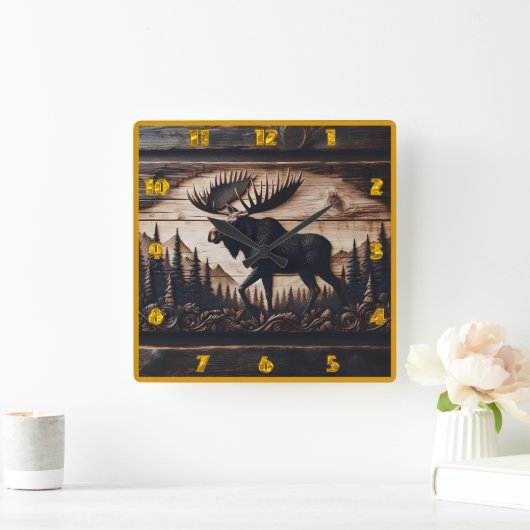 Gesneden Moose Design in Forest Setting Vierkante Klok (Huis)