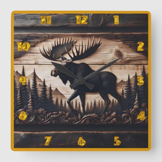Gesneden Moose Design in Forest Setting Vierkante Klok (Voorkant)