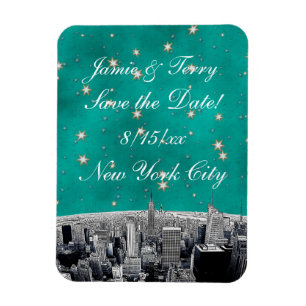 Gesneden NYC-silhouet 2 Teal Gouden Ster Save The Magneet