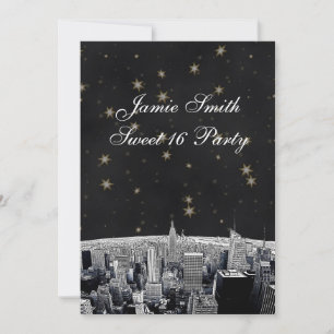 Gesneden NYC-silhouet 2 Zwart Goud Ster Sweet 16 V Kaart