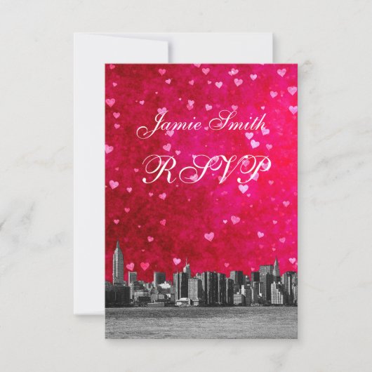Gesneden NYC-silhouet Hot Pink Rode Hart RSVP met Kaartje (Voorkant)