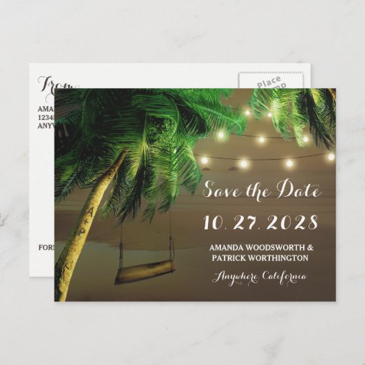 Gesneden Palm Tree Beach Lights Bewaar de datum ka Aankondigingskaart (Voorkant / Achterkant)