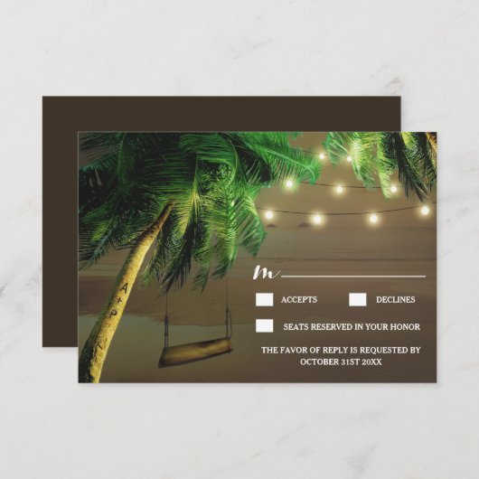 Gesneden Palm Tree Beach Lights Bruiloft RSVP Kaar (Voorkant / Achterkant)