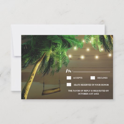 Gesneden Palm Tree Beach Lights Bruiloft RSVP Kaar Kaartje (Voorkant)