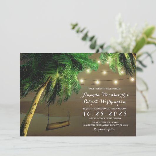Gesneden Palm Tree Beach Lights Bruiloft uitnodigi Kaart (Staand voorkant)