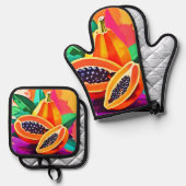 Gesneden Papaya Pop Art Ovenwant & Pannenlap Set (Voorkant / Achterkant)