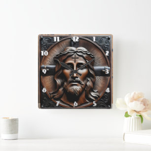 Gesneden reliëf van Jezus met kruisen achtergrond Vierkante Klok