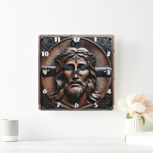 Gesneden reliëf van Jezus met kruisen achtergrond Vierkante Klok (Huis)