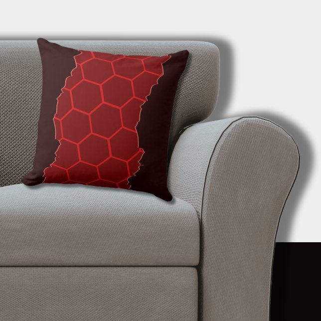 Gesneden Stijlvol Rood, Zwart Zeshoek Patroon Kussen (Red Pillow Torn Hexagon Pattern)