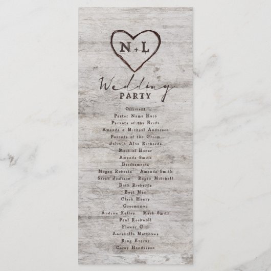 Gesneden Sweethearts rustieke berk bruiloft ceremo Programmakaart (Achterkant)