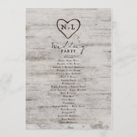Gesneden Sweethearts rustieke berk bruiloft ceremo Programmakaart (Achterkant)