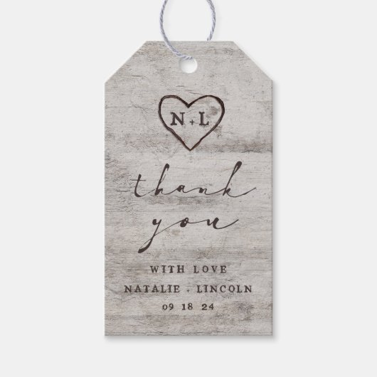 Gesneden Sweethearts rustieke berk bruiloft dank u Cadeaulabel (Voorkant)