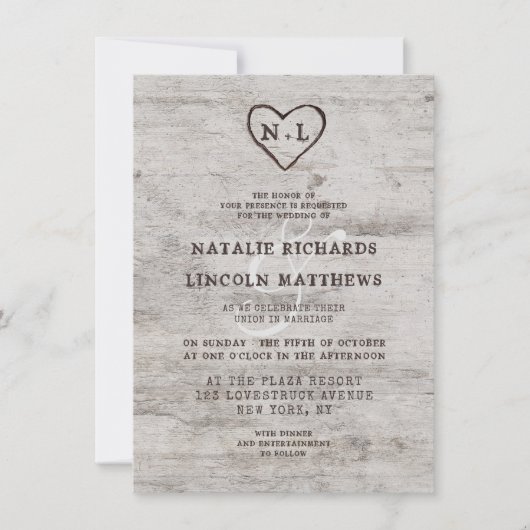 Gesneden Sweethearts Rustieke Berk Hout Bruiloft Kaart (Voorkant)