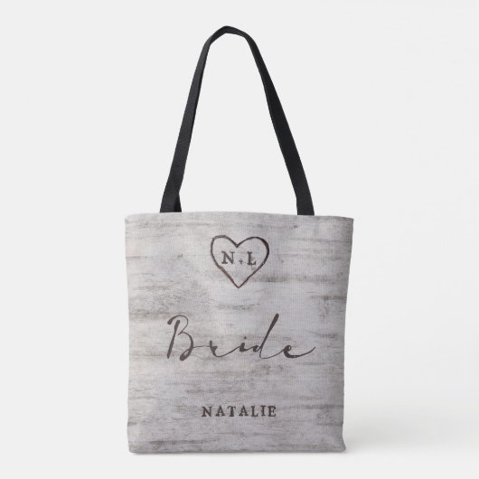 Gesneden Sweethearts Rustieke Berk Monogram Bruid Tote Bag (Achterkant)
