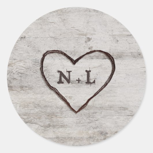 Gesneden Sweethearts Rustieke Berk Monogram Bruilo Ronde Sticker (Voorkant)