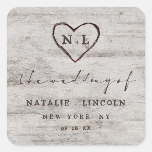 Gesneden Sweethearts Rustieke Berk Monogram Bruilo Vierkante Sticker (Voorkant)