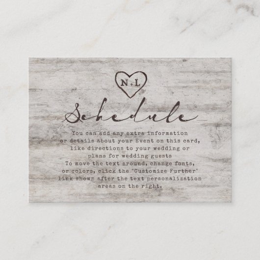 Gesneden Sweethearts Rustieke Berk Trouwschema Informatiekaartje (Voorkant)