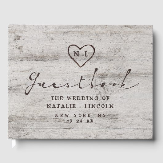 Gesneden Sweethearts Rustieke Berk Wood Tree Bruil Gastenboek (Voorkant)