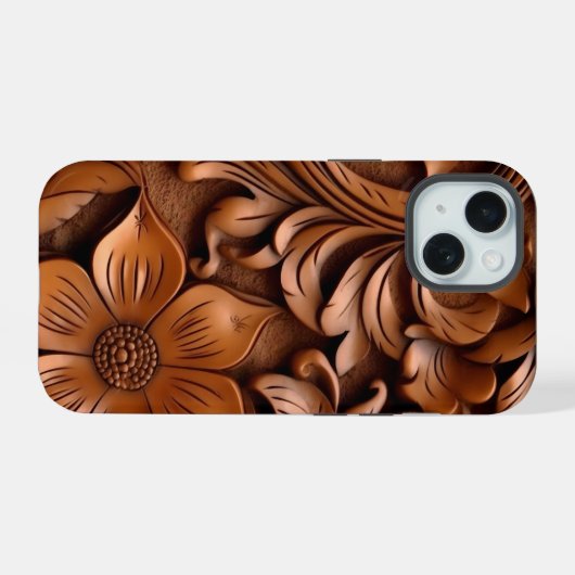 Gesneden Western Bloemen Houten Print Telefoon Cas iPhone 15 Case (Achterkant horizontaal)