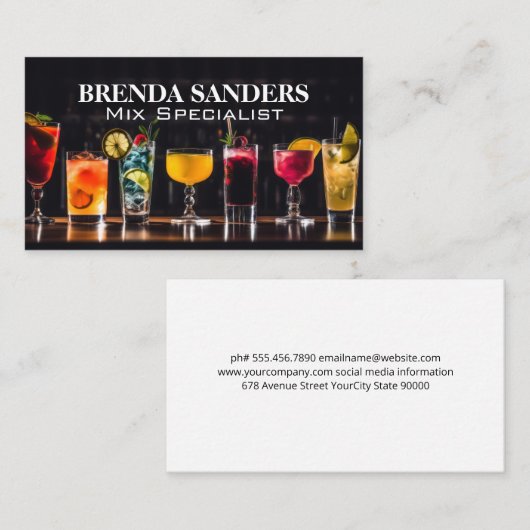 Gesorteerde gemengde dranken op bar top visitekaartje (Voorkant / Achterkant)