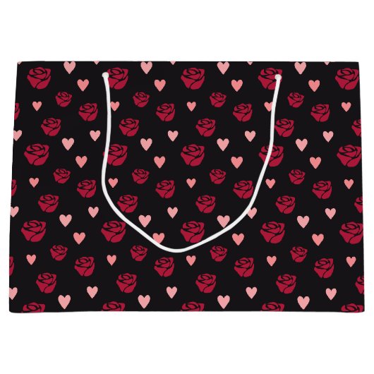 Gespantserde rode roze en gepatterde harten groot cadeauzakje (Voorkant)