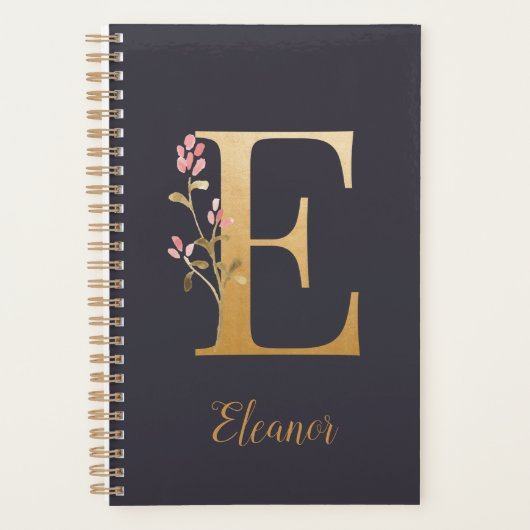 Gespecialiseerd goudblauw elegant monogram E Planner (Voorkant)