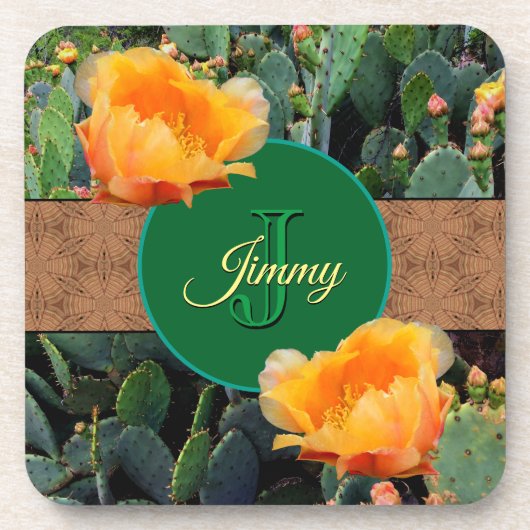 Gespecialiseerde Oranje monogram Prickly Pear Cact Bier Onderzetter (Voorkant)