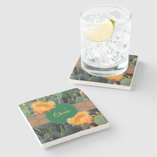 Gespecialiseerde Oranje monogram Prickly Pear Cact Stenen Onderzetter (Zijkant)