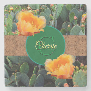 Gespecialiseerde Oranje monogram Prickly Pear Cact Stenen Onderzetter