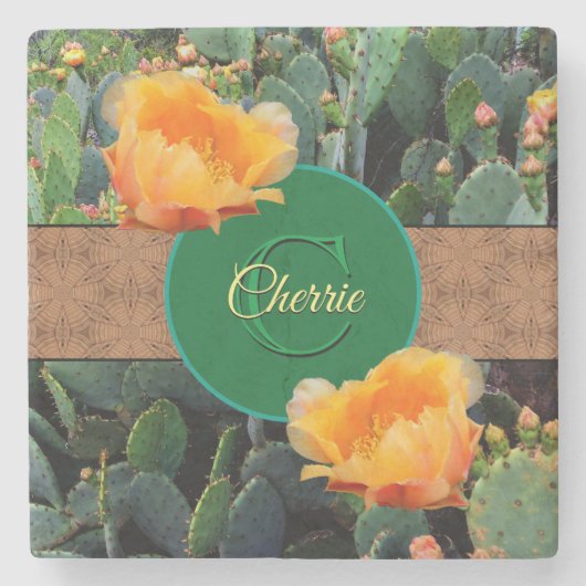 Gespecialiseerde Oranje monogram Prickly Pear Cact Stenen Onderzetter (Voorkant)