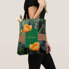 Gespecialiseerde Oranje monogram Prickly Pear Cact Tote Bag
