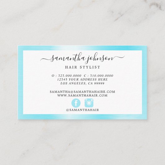 Gespeeld metallisch Aqua Blue Elegant Script Visitekaartje (Achterkant)