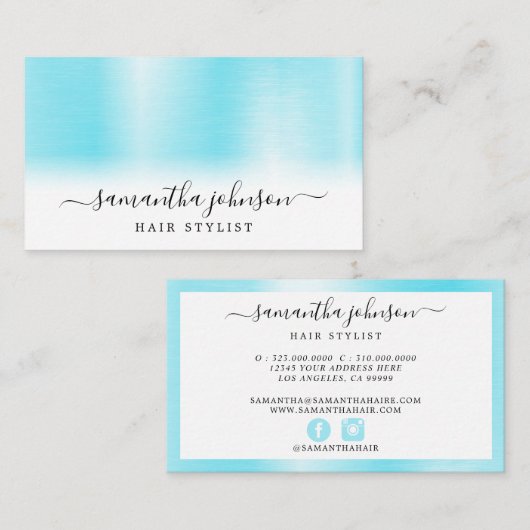 Gespeeld metallisch Aqua Blue Elegant Script Visitekaartje (Voorkant / Achterkant)
