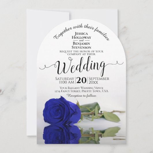 Gespiegelde Royal Blue Roos Elegant Boog Huwelijk Kaart (Voorkant)